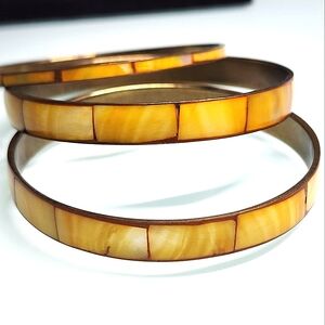 VTG Yellow Toned Mother Of Pearl+Brass Bangles (3)